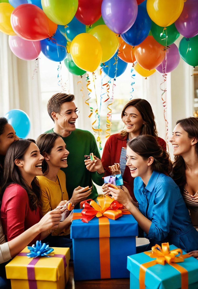 A vibrant scene depicting a joyful gathering, featuring a beautifully wrapped gift adorned with colorful ribbons at the center. Surrounding the gift are enthusiastic friends exchanging personalized presents, with expressions of surprise and delight. Bright balloons and festive decorations in the background enhance the celebratory atmosphere. The setting is filled with warm, uplifting colors to evoke a sense of happiness and connection. super-realistic. vibrant colors. warm lighting.