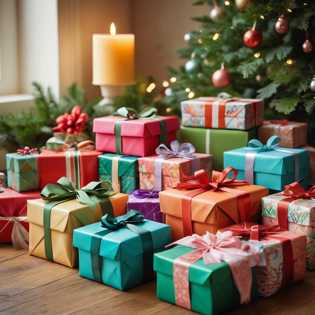 A beautifully arranged gift table showcasing a variety of wrapped presents in vibrant, eye-catching colors. Include creative elements such as handmade tags, lush greenery, and festive decorations reflecting different celebrations like birthdays, holidays, and special occasions. The background should be softly blurred to highlight the gifts, evoking a warm and inviting atmosphere. super-realistic. vibrant colors. soft focus.