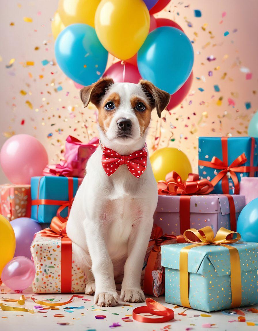 A colorful assortment of beautifully wrapped gifts, including cheerful patterns and ribbons, surrounded by bursting confetti and playful balloons. A warm, inviting atmosphere with soft lighting highlighting the gifts, and a cozy setting that invites feelings of joy and celebration. Add a touch of whimsical elements like a smiling gift tag and a playful puppy peeking from behind the gifts. vibrant colors. 3D. soft focus.
